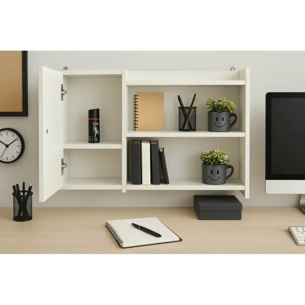 Armoire murale pour bureaux blanche, installée au-dessus d'un bureau avec des livres et des fournitures scolaires.