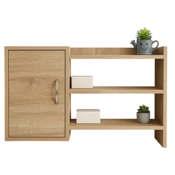 Étagère murale polyvalente salle de bain en bois clair avec une petite plante décorative et des boîtes de rangement.