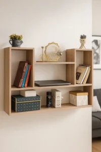 Étagère murale décorative de couleur chêne clair, installée dans un salon sur un mur blanc et organisée avec des livres, des plantes et divers objets personnels.