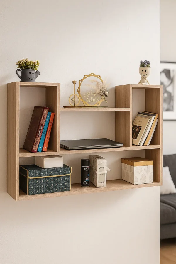 Étagère murale décorative de couleur chêne clair, installée dans un salon sur un mur blanc et organisée avec des livres, des plantes et divers objets personnels.