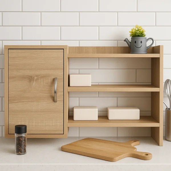 Meuble au mur cuisine en bois clair avec des étagères pour le rangement et une planche à découper sur le plan de travail.