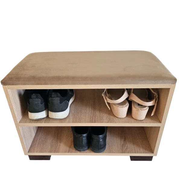 Meuble à chaussures avec banc intégré en bois couleur chêne et assise en velours marron, montrant ses deux étagères de rangement, sur fond transparent.