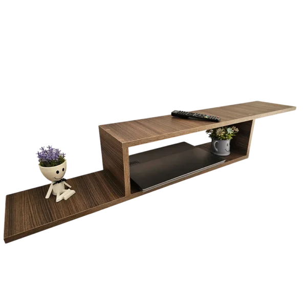 Meuble TV mural avec rangement décoré, finition noyer, vu en perspective sur fond blanc.