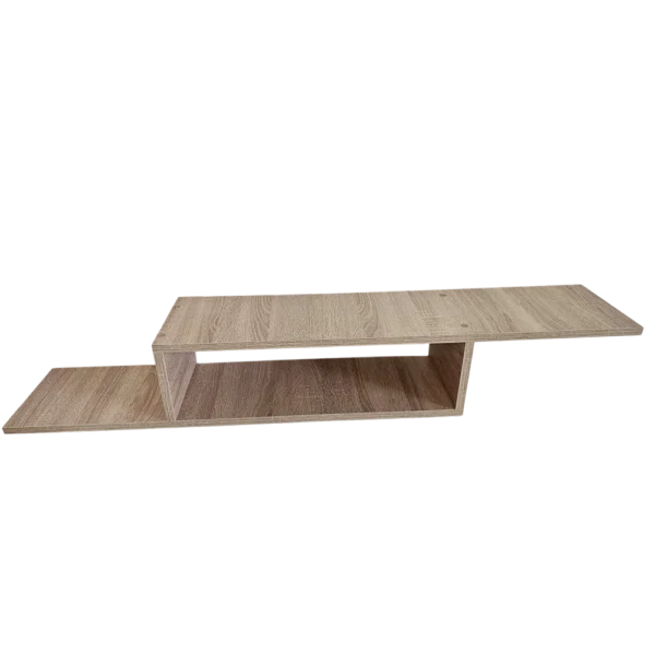 Meuble TV mural design en finition chêne clair, vu en angle sur fond blanc.