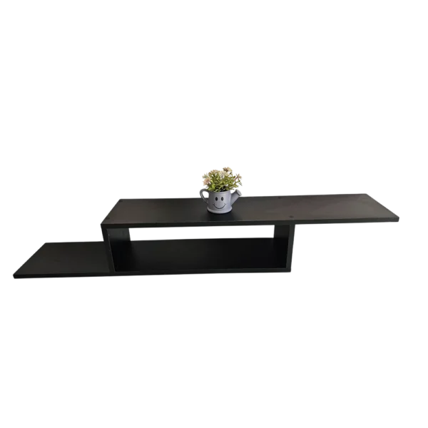 Meuble TV mural noir avec une plante décorative, sur fond blanc, livraison en Tunisie