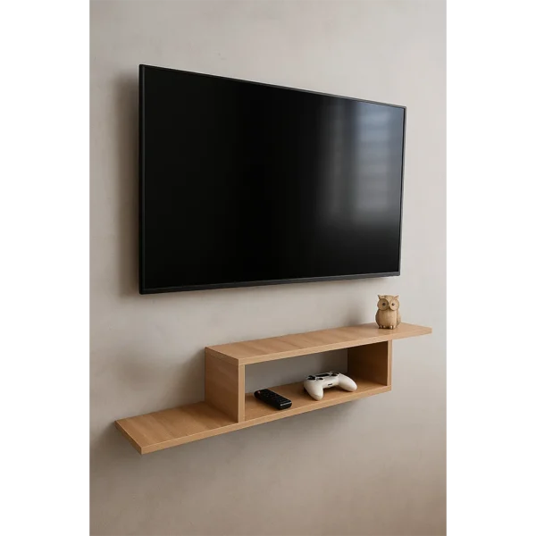 Meuble TV suspendu pour salon, installé sous un écran plat et contenant une manette de jeu et une télécommande.