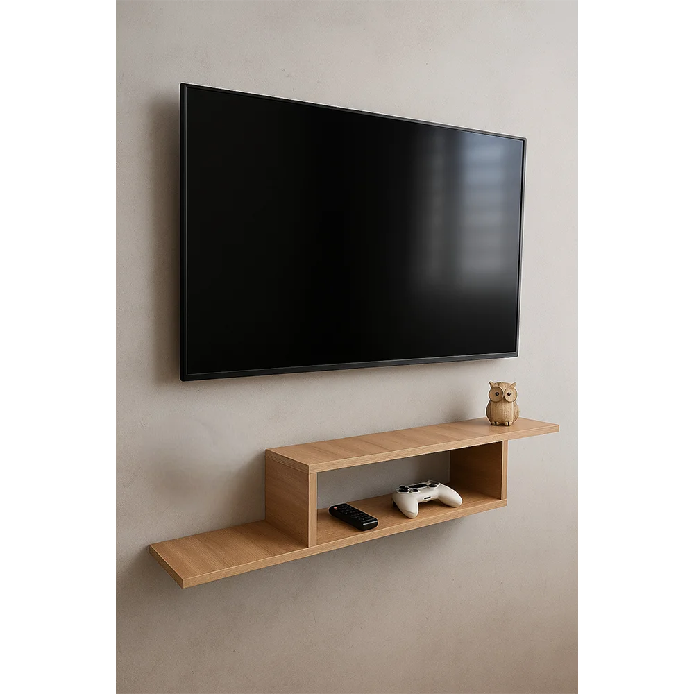 Meuble TV suspendu pour salon, installé sous un écran plat et contenant une manette de jeu et une télécommande.