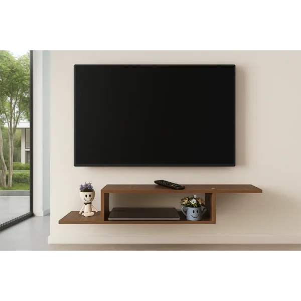 Meuble TV mural avec rangement, couleur noyer, installé dans un salon moderne sous un écran plat.