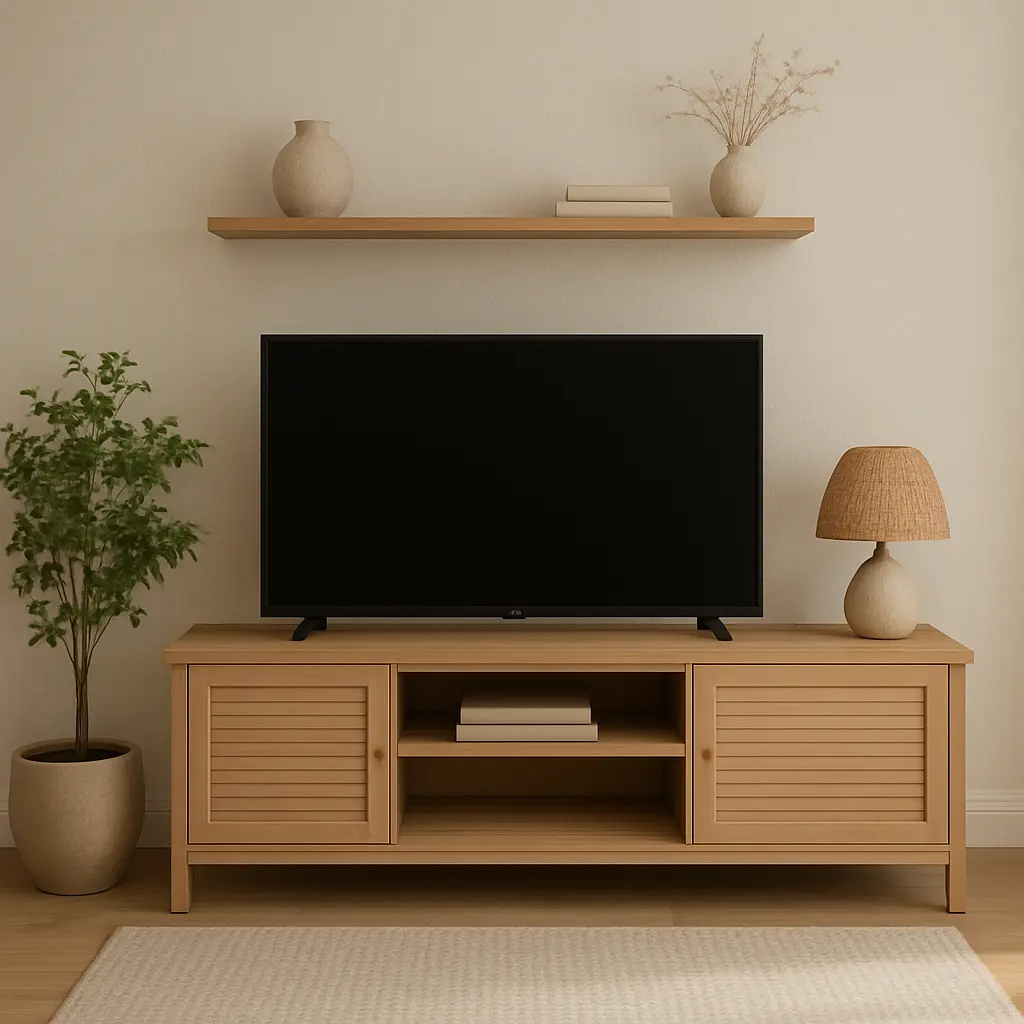Meuble TV bas en bois clair de style scandinave, avec portes à persiennes, dans un salon moderne.