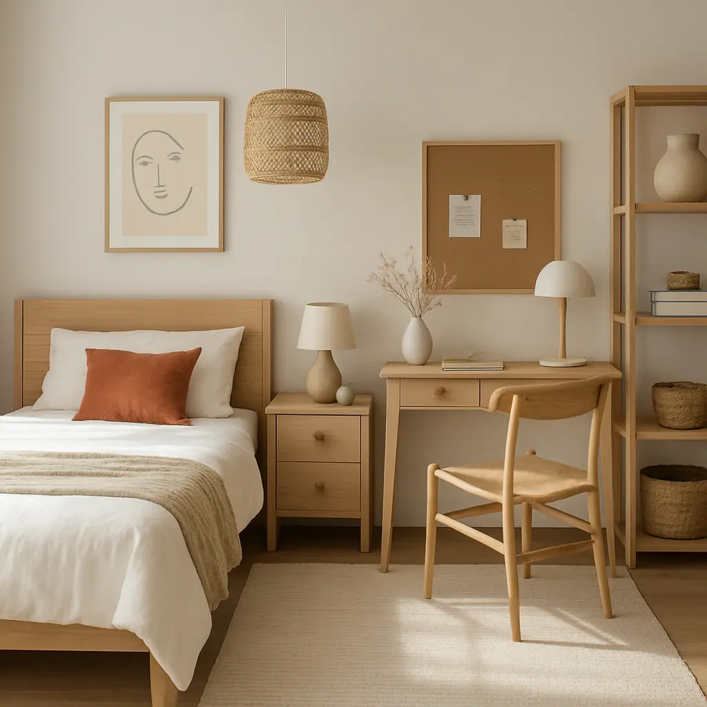 Aménagement d'une chambre à coucher avec un coin bureau, meublée en bois clair de style minimaliste.