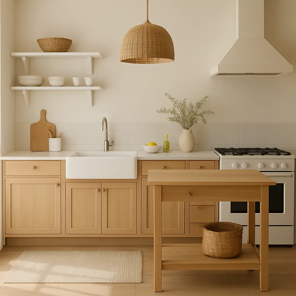 Aménagement de cuisine moderne avec des meubles en bois clair, un îlot central et des étagères murales blanches.