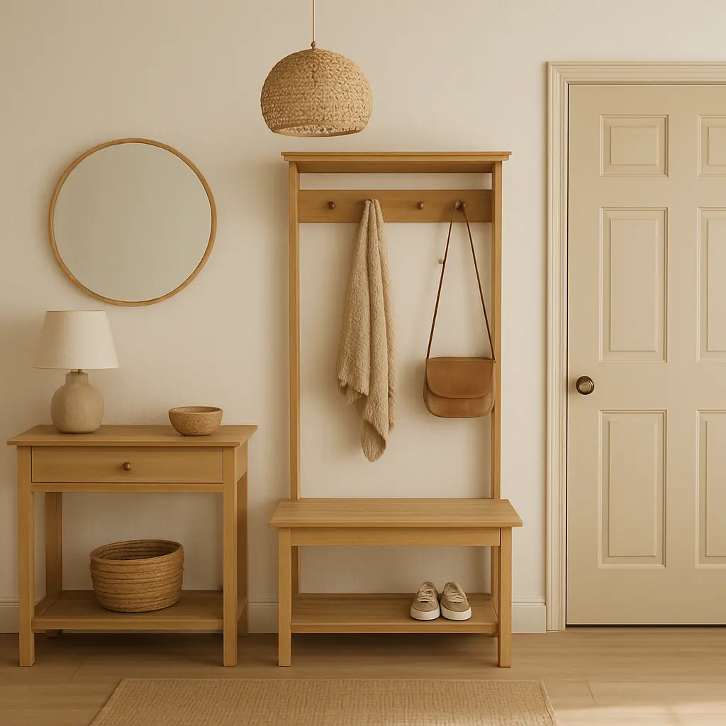 Ensemble de meubles d'entrée en bois clair de style scandinave, avec un banc porte-manteau et une console.
