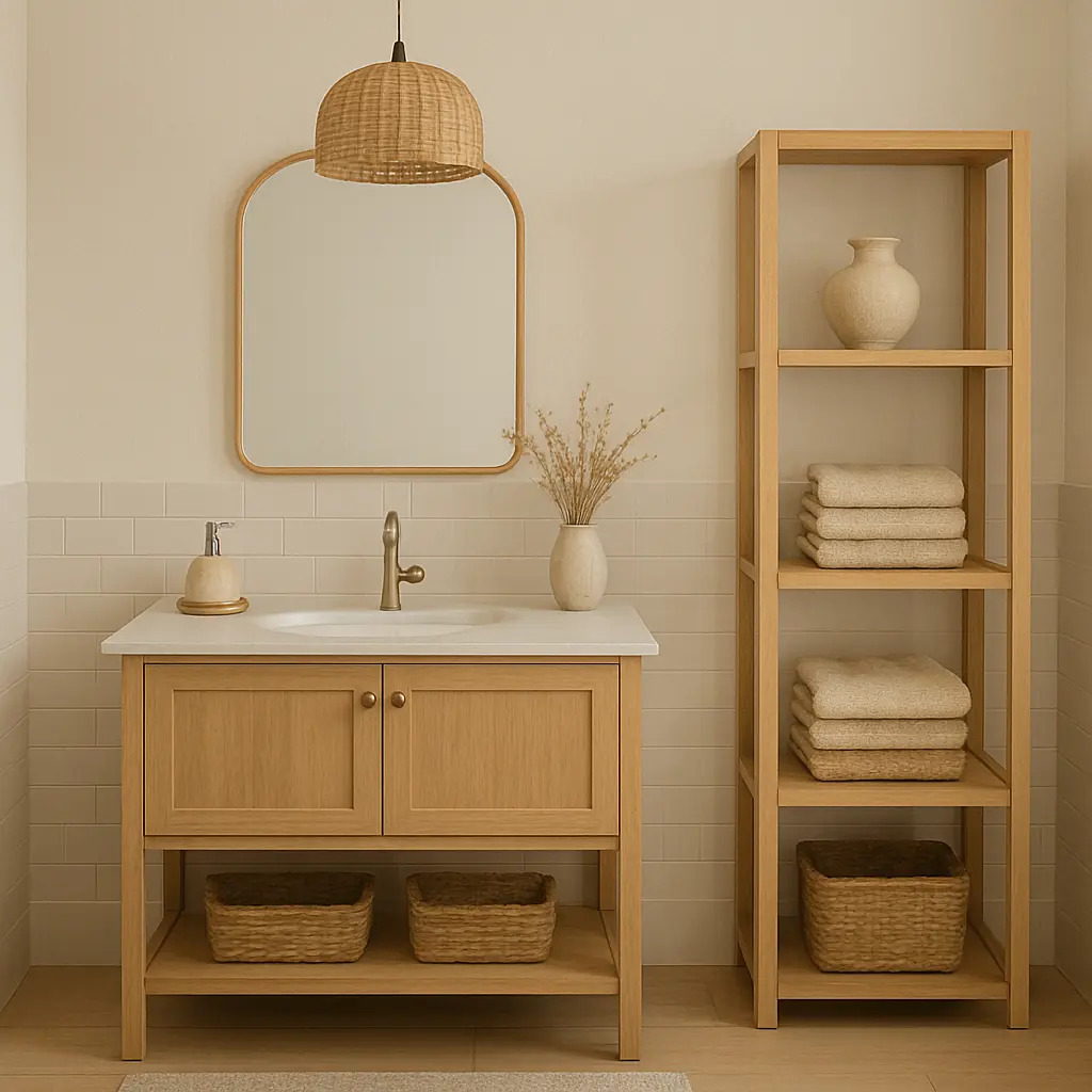 Ensemble de salle de bain en bois clair style scandinave, avec meuble sous-vasque et étagère de rangement pour serviettes.