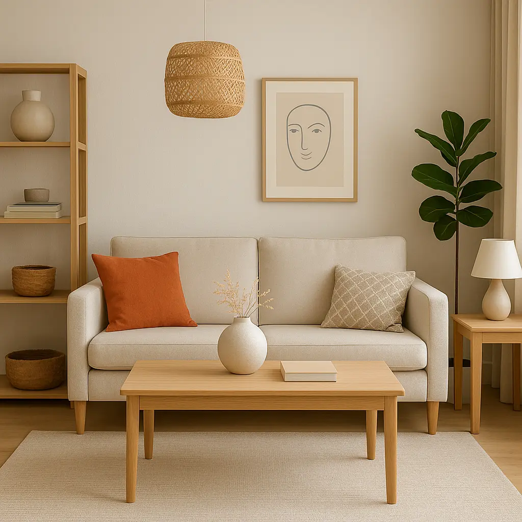 Meuble TV bas en bois clair de style scandinave, avec portes à persiennes, dans un salon moderne.