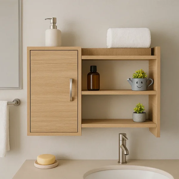 Rangement murale salle de bain en bois clair avec des étagères pour les produits de toilette et un miroir à proximité.