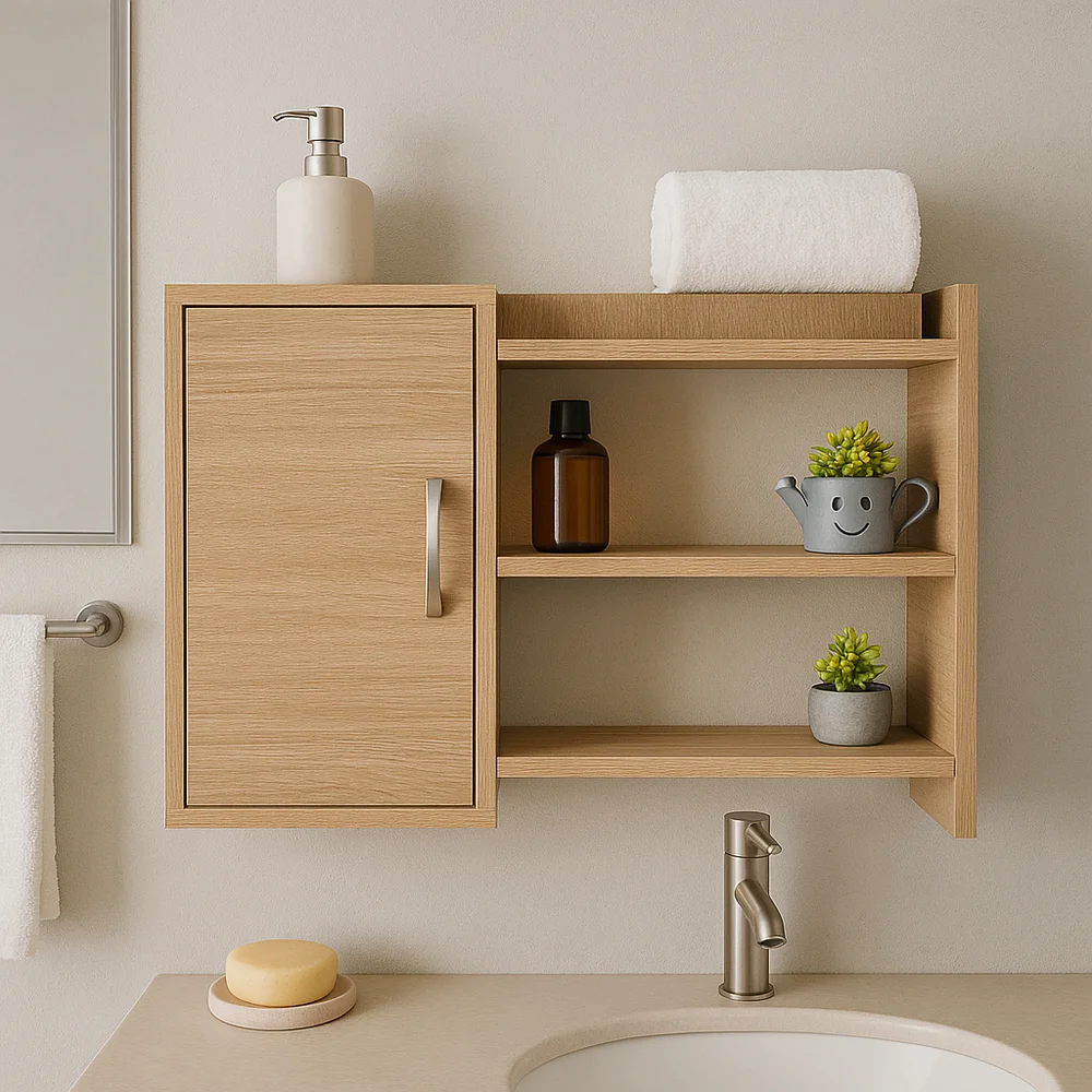 Rangement murale salle de bain en bois clair avec des étagères pour les produits de toilette et un miroir à proximité.