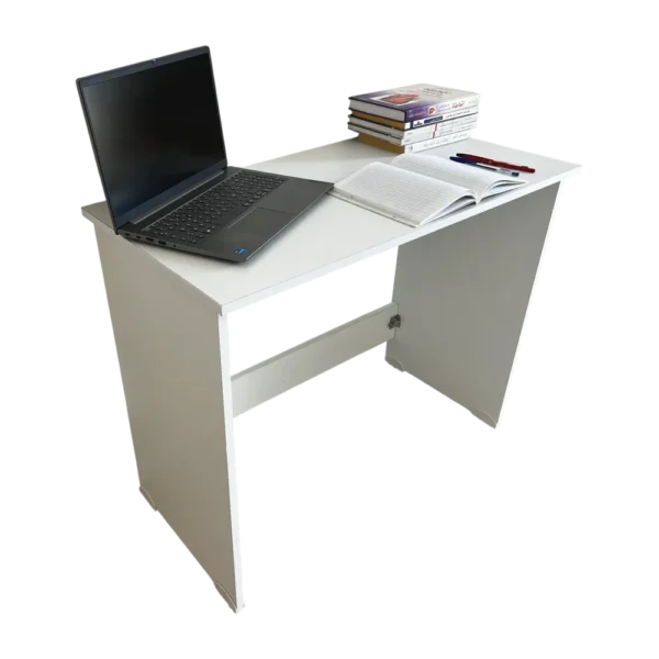 Image en perspective d'un bureau démontable blanc, avec un ordinateur et un cahier.