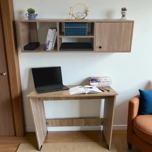 Un bureau démontable en bois clair sous une bibliothèque murale assortie, créant un coin bureau fonctionnel.