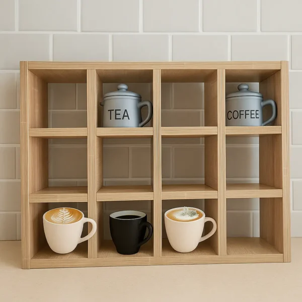 Étagère à thé et à café en bois avec pots étiquetés et tasses à café, disposée sur un plan de travail beige avec un carrelage métro beige clair pour un design de cuisine moderne et frais.