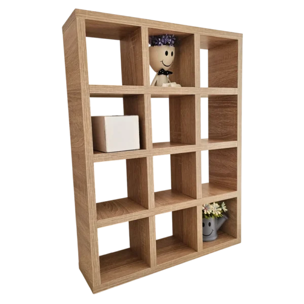 Étagère de coin café en bois élégante à douze compartiments, contenant des pots à thé et à café ainsi que des tasses, présentée sur un fond noir pour un style moderne minimaliste.