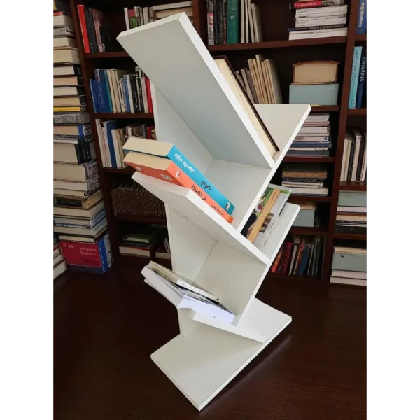 Étagère à livres moderne et blanche, placée devant une grande bibliothèque traditionnelle en bois foncé.