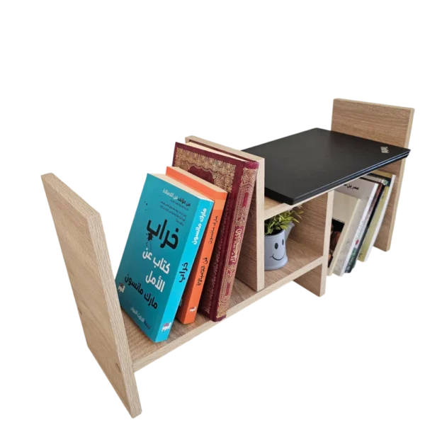 Rangement de bureau modulable en bois clair, montrant ses 2 parties et sa capacité à tenir livres et ordinateur.