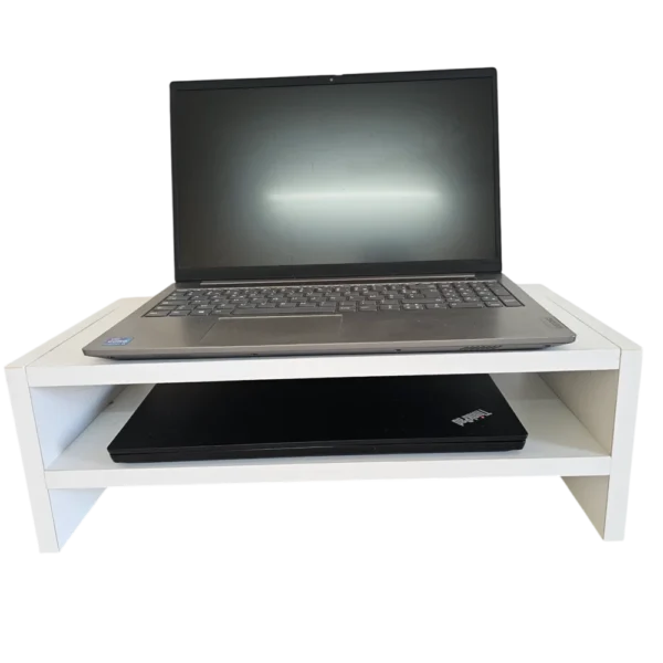 Support - Rehausseur écran - PC blanc pour moniteur et ordinateur portable, avec une étagère de rangement inférieure.