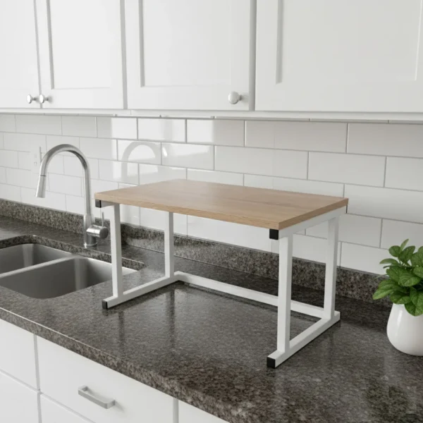 Organisateur de comptoir de cuisine vide, montrant la structure en métal blanc et l'étagère en bois, style industriel.