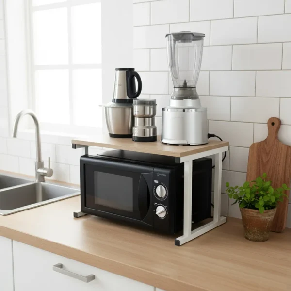 Support pour micro-ondes en bois et métal, idéal pour gagner de la place sur un comptoir de cuisine en bois.