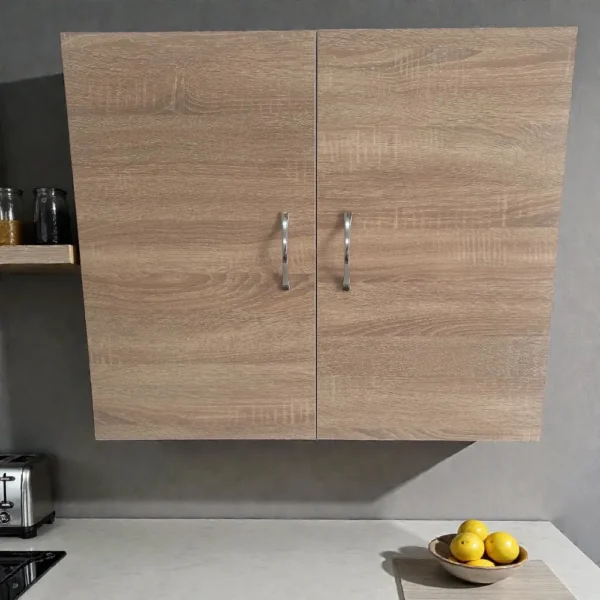 Façade d'un meuble mural en mélaminé bois clair, 2 portes, idéal pour le stockage de proximité.