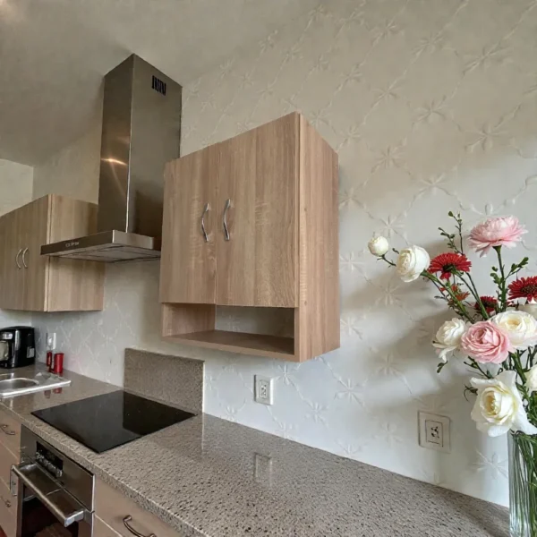 Meuble haut de cuisine deux portes bois installé dans une cuisine moderne à côté d'une hotte aspirante en inox.