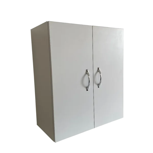 Photo d'un meuble haut de cuisine blanc mat, fermé, avec deux portes et deux poignées chromées. Rangement mural compact polyvalent pour cuisine, salle de bain ou buanderie.