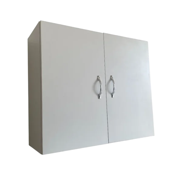 Meuble de rangement mural blanc avec deux portes et poignées chromées, idéal comme placard de cuisine, armoire de salle de bain ou meuble de pharmacie.