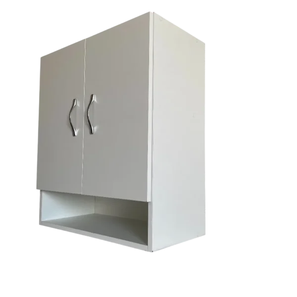 Meuble Haut Cuisine avec Niche blanc suspendu, structure en mélaminé, idéal pour organiser des fournitures de bricolage ou un garage.