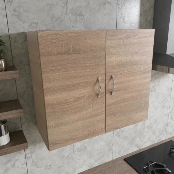 Colonne de rangement suspendue bois imitation hêtre, design compact pour petits espaces.