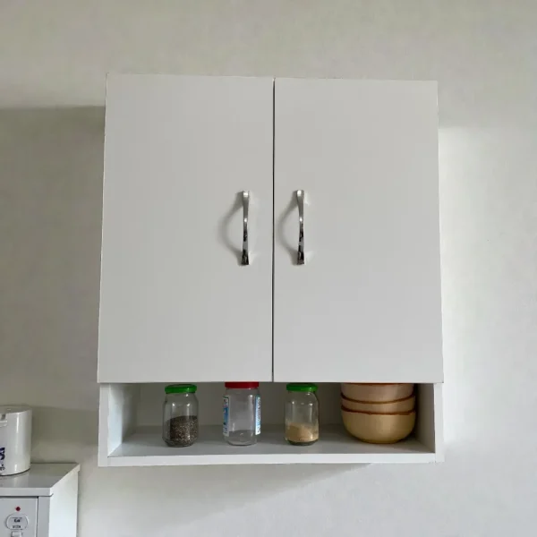 Vue frontale d'un meuble de rangement blanc à deux portes avec une étagère inférieure ouverte pour un accès rapide.