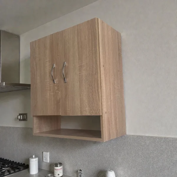 Caisson suspendu décor bois hêtre pour cuisine ou salle de bain, installé au-dessus d'un plan de travail gris.