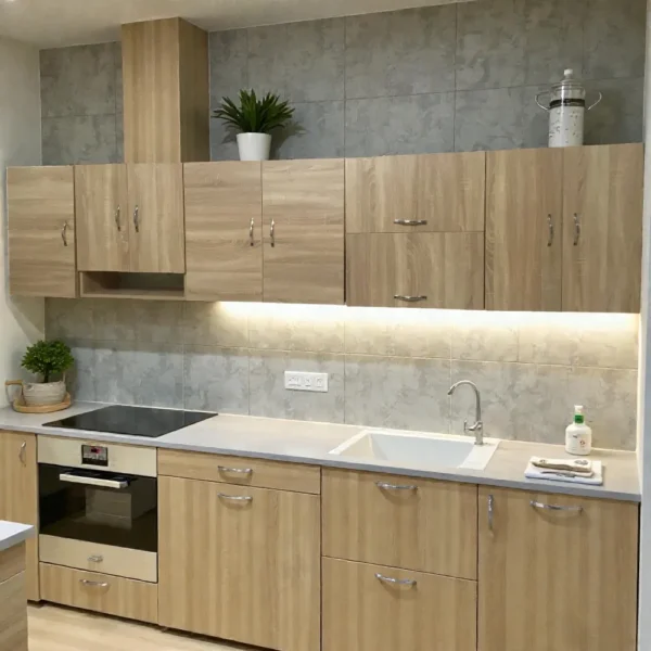 Cuisine équipée avec des meubles hauts en imitation bois clair, dotés d'un éclairage LED intégré sous les caissons. On y voit un meuble avec niche ouverte et des éléments à porte basculante.