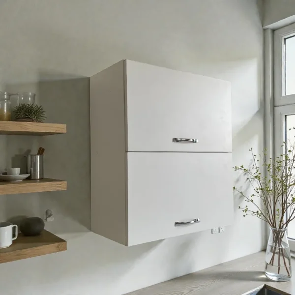 Caisson de cuisine suspendu blanc mat fixé au mur, offrant un rangement mural esthétique et fonctionnel.